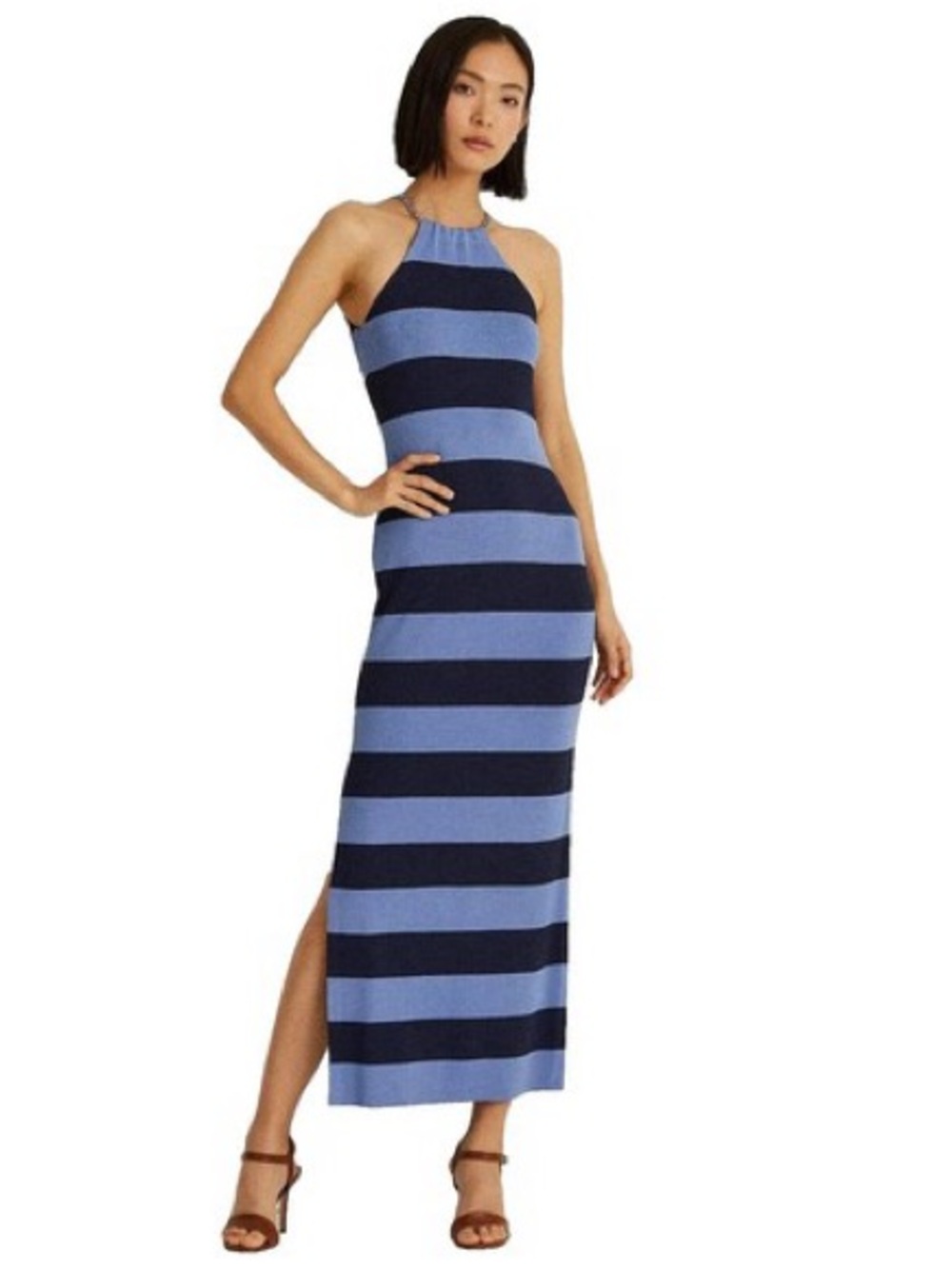 Ralph Lauren Black Label Navy and Light Blue Striped Halter Maxi Dress